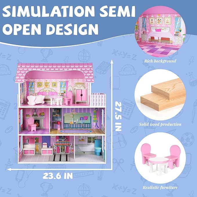 Wooden Dollhouse for Girls, 3-Story Doll House Playset with Furniture & Accessories, Large DIY Wooden Dream House for Kids, Pretend Play Dollhouse Kit, for Toddlers & Girls
