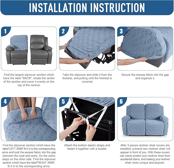 TAOCOCO Recliner Loveseat Cover, Stretch Jacquard Reclining Loveseat Cover Furniture Protector Sofa Slipcovers 2 Seat Recliner Covers with Elastic Bottom for Kids, Pets (Light Blue)