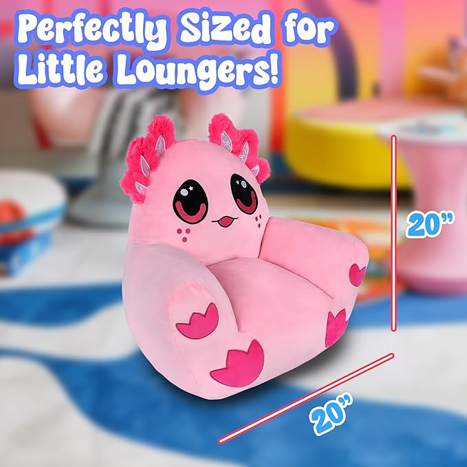 Forest & Twelfth Kid’s Axolotl Chair, 20 Inch Cozy Stuffed Animal Seat, Adorable Pink Squishy Sofa for Children, Soft & Comfy Kawaii Plush for Playroom & Bedroom, Durable, Toddler Gift, Room Decor