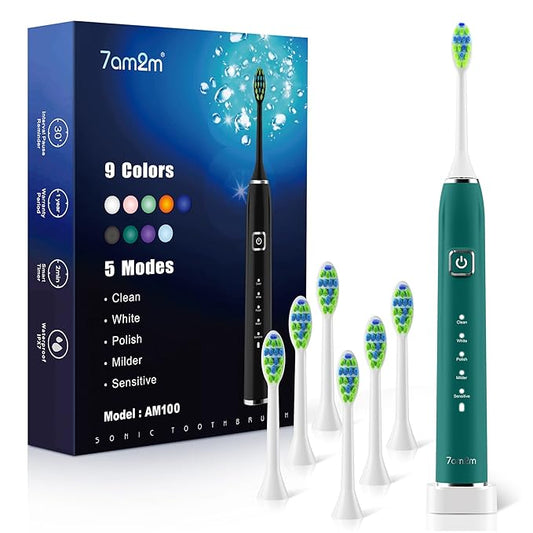 7AM2M Sonic Electric Toothbrush with 6 Brush Heads for Adults&Kids, One Charge for 120 Days, Wireless Fast Charge, 5 Modes, 40000VPM Powered Toothbrush, 2 Minutes Built in Smart Timer (Peacock Green)