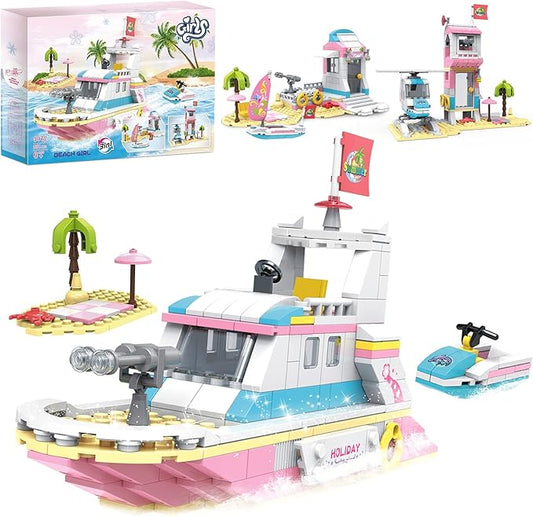 3in1 Girls Boat Cruise Ship Building Sets Friends Beach House Rescue Helicopter Building Kits Summer Holiday Adventures STEM Building Toys Creative Play Set Gift for Kids Aged 6-12, 351 Pieces