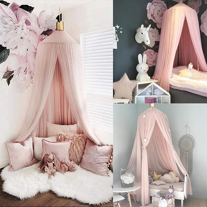 Jolitac Princess Bed Canopy for Girls Room Decor Round Lace Mosquito Net Play Tent Reading Nook Canopies Yarn Girl Dome Netting Castle (Pink)