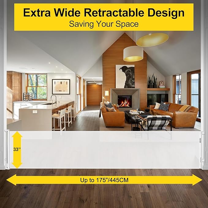 175 Inch Retractable Baby Gates Extra Wide 33" Tall Child Gates for Wide Openings, Large Pet Gates for Dogs Extra Wide Toddler Gates for Large Openings Extra Long Dog Gate for Indoor Outdoor (White)