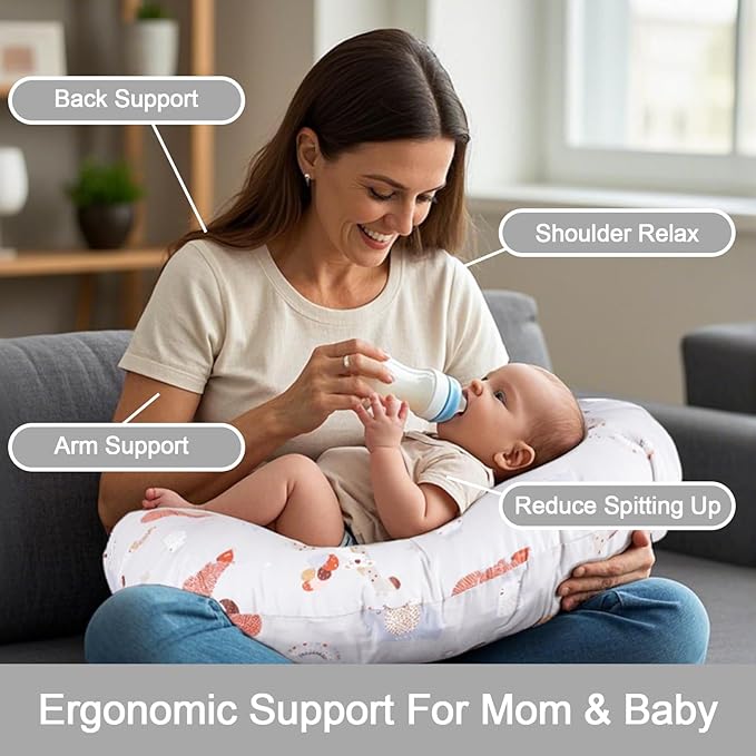 Nursing Pillow, Breastfeeding Pillows with Standard Size Removable Cover, Breast Feeding Pillow with Breathable Filling, Ergonomic Nursing Essentials for Bottle and Breastfeeding- Animal Gray