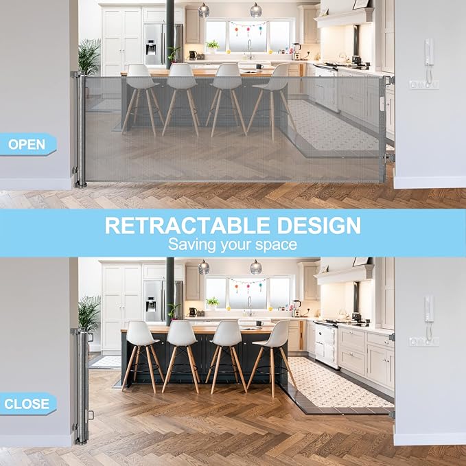 80 Inch Extra Large Retractable Baby Gates Extra Wide Baby Gates for Large Openings Indoor Pet Gates for Dogs Indoor Big baby Gate for Doorways Extra Long Baby Gate Outdoor Pet gate for Doorway (Grey)