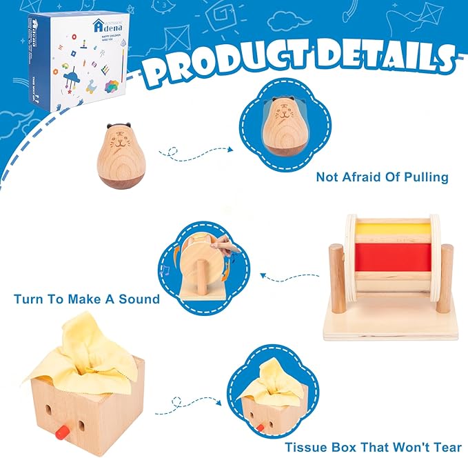 Adena Montessori Play Kit for 5-6 Months Baby,8 in 1 Learning Educational Toys for Toddler,Include Rainbow Spining Drum,Mirror Puzzle,Baby Tissue Box and More,Christmas Birthday Gift for Boys Girl
