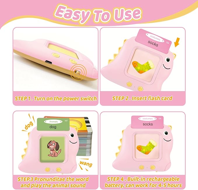 Kids Toddler Toys, Baby Dinosaur Talking Flash Cards for 2 3 4 5 6 Year Old Boys Girls with 224 Sight Words, Autism Sensory Toys, Montessori Learning Educational Toys Children Gifts (Pink)