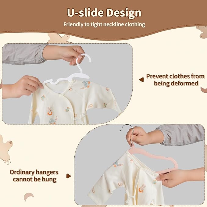 Kids Hangers, 120 Pack U-Shape Baby Hangers, with Protective Collar Non-Distorting Design from Stretching, 11.4inch Plastic Space-Saving Baby Clothes Hangers for Toddlers, Newborns, White
