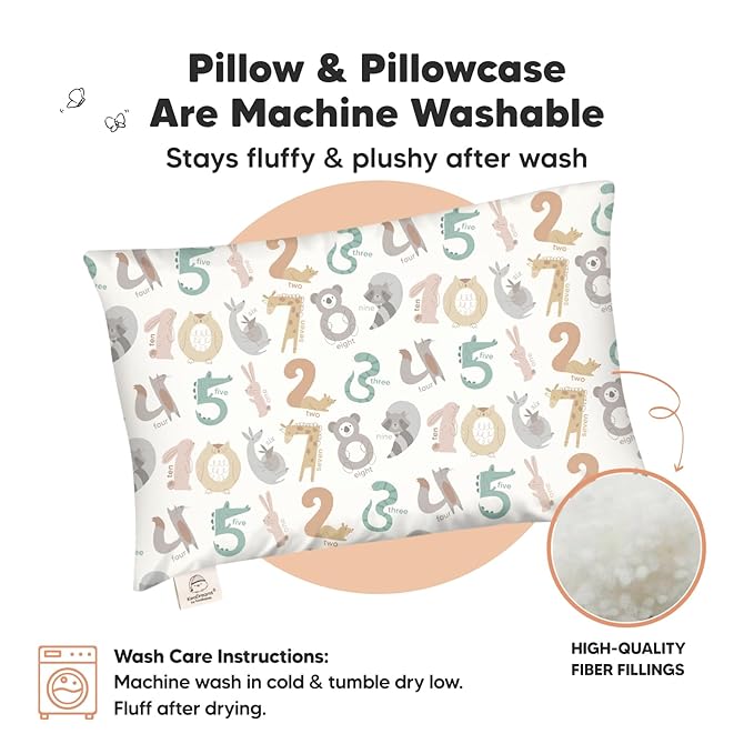 Toddler Pillow with Pillowcase - 13x18 My Little Dreamy Pillow, Organic Cotton Toddler Pillows for Sleeping, Kids Pillow, Travel Pillows, Mini Pillow, Nursery Pillow, Toddler Bed Pillow (Wild Count)