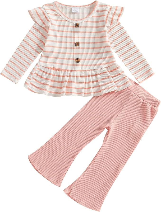 Mubineo Toddler Baby Girl Clothes Cute Ribbed Outfits Knit Long Sleeve Shirt Tops Bell Bottom Pant Fall Winter Outfit