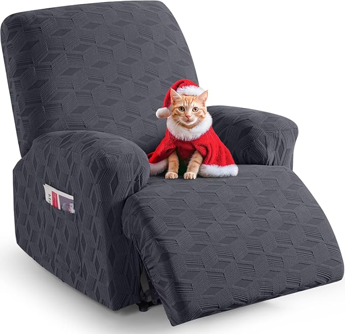 TAOCOCO Recliner Cover 3 Pieces Recliner Chair Covers, Stretch Jacquard Reclining Chair Cover, Furniture Protector Sofa Slipcovers Couch Covers with Elastic Bottom for Kids, Pets (Dark Grey)