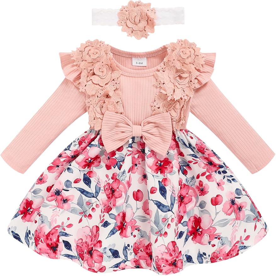Baby Girl Dress Fall Flower Ruffle with Lace Headband Toddler Girls 3M-3T Infant Dresses Winter Baby Girl Clothes