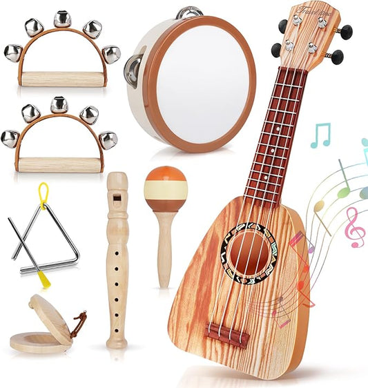 Kids Guitar Set - Toys for 2 3 Year Old Boy Gifts, Montessori Musical Instruments for Toddler 2-4, Birthday Gifts for 3 4 Year Old Girls, Band Sets with Ukulele/Tambourine/Maracas for Kids Age 3 4 5 6