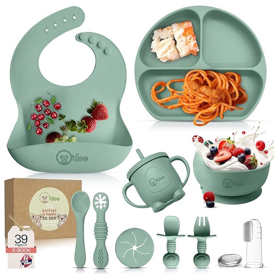 O'doe 11-Piece BPA-Free Silicone Baby Feeding Set | Thick & Soft Suction Plates, Baby Bowls, Wooden Fork & Spoon, and More | Make Mealtime Fun and Easy for Your Little One (Green, V1)