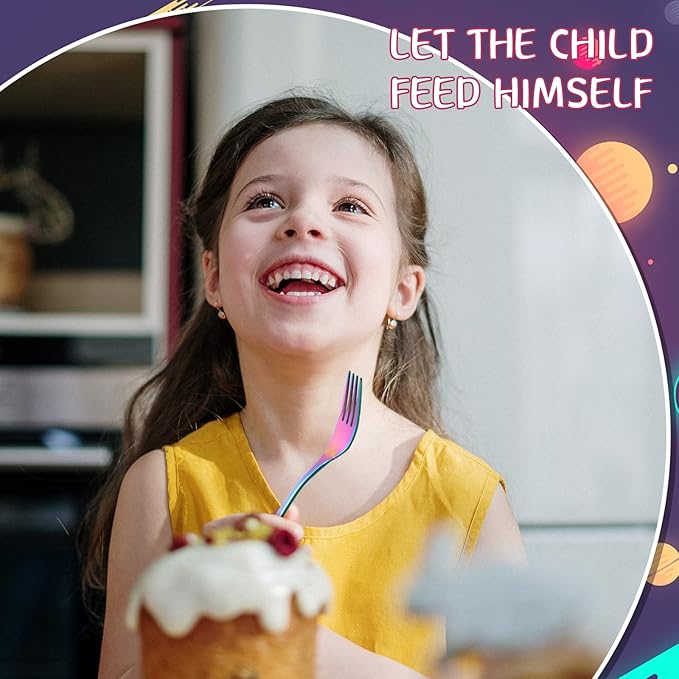 Minatee 6 Pieces Kids Forks Rainbow Kids Cutlery Set Safe Children Forks Stainless Steel Small Metal Self Feeding Children Silverware Utensil Set for Home and Preschools