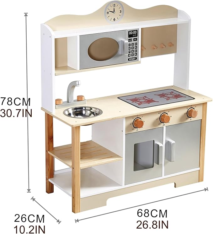 Kids Play Kitchen, Wooden Kitchen Playset for Kids with 12 Pcs Toy Food & Cookware Accessories, Toys Kitchen Small Pretend Play Kitchen for Toddlers