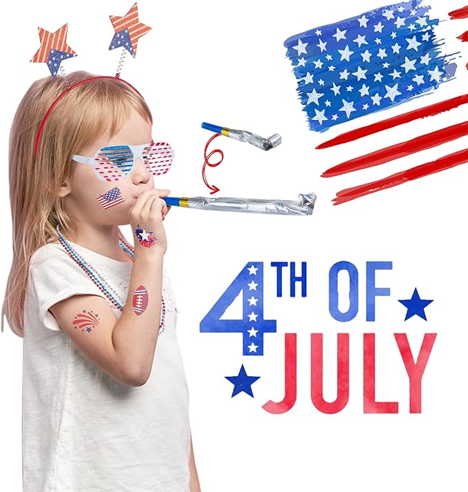 65-Piece 4th of July Party Supplies Set - Patriotic Headbands, Necklace, Shutter Shades, Flags, Tattoo Stickers