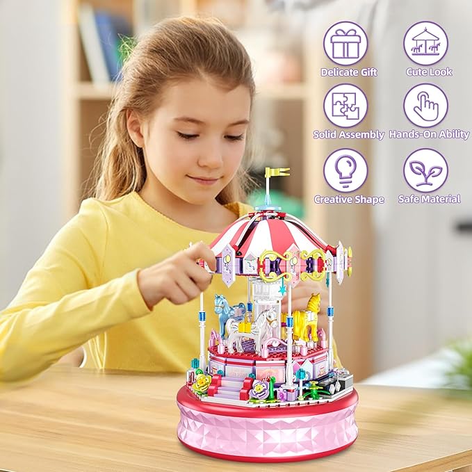 591 Piece Mini Music Box Building Block Set,Rotating Carousel DIY Building Toy,Girl Amusement Park Building Block Kit,STEM Educational Toys,Christmas Birthday Gifts for Girls Boys Ages 6-12+