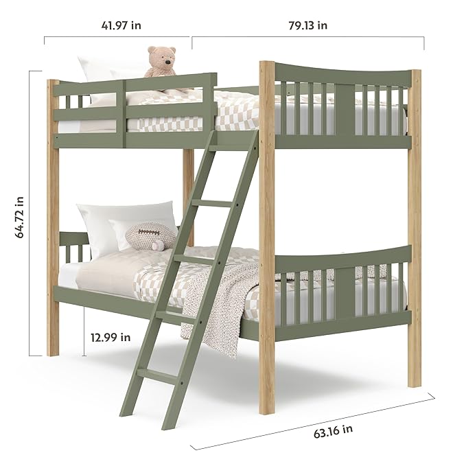 Storkcraft Caribou Bunk Bed Twin Over Twin Bunk Bed (Olive and Natural) - GREENGUARD Gold Certified, Twin Bunk Beds for Kids, Converts to 2 Individual Twin Beds (Mattress not Included)