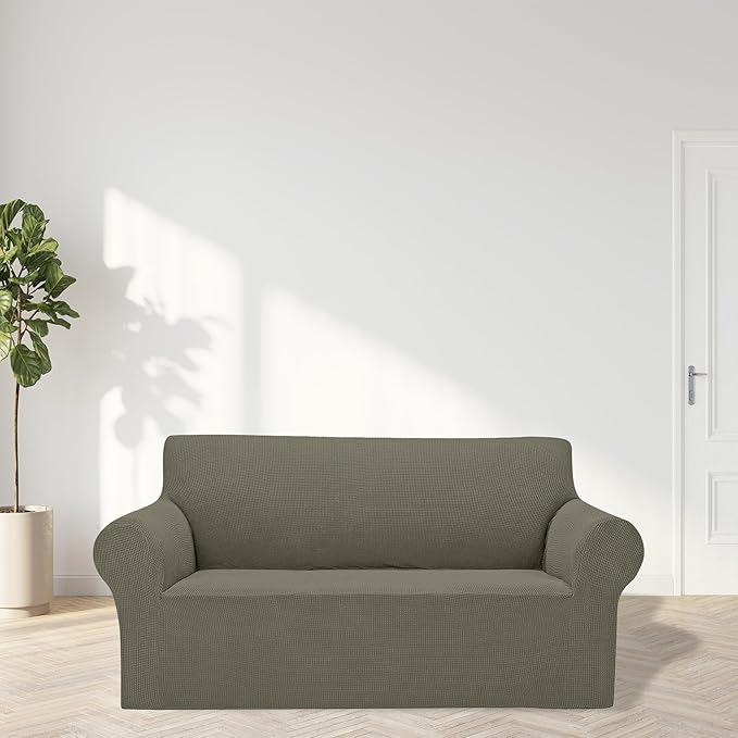 2025 New Stretch Loveseat Sofa Slipcovers Couch Cover for 2 Cushion Furniture Protector Sofa Covers with Elastic Bottom Jacquard Fabric Small Checks for Pets, Kids - Khaki
