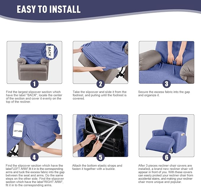 KinCam Recliner Covers, Stretch Reclining Chair Covers, Recliner Sofa Slipcovers Stripe Jacquard Recliner Couch Covers Furniture Protector Covers for Pet Kid (1 Seater, Lake Blue)