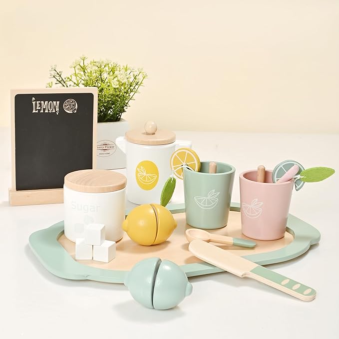 22pcs Wooden Tea Set for Little Girls, Toddler Tea Set with Lemons Kids Pretend Play Kitchen Accessories, Wooden Toys Lemonade Playset Gift Kids Tea Party Set with Sugar and Tea Bag