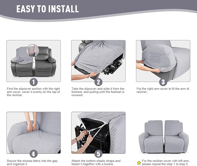 KinCam Recliner Covers, Stretch Reclining Chair Covers, Recliner Sofa Slipcovers Stripe Jacquard Recliner Couch Covers Furniture Protector Covers for Pet Kid (2 Seater, Silver Gray)