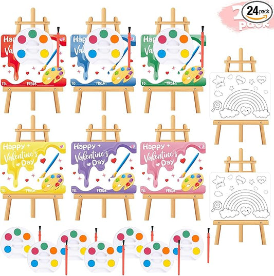 24 Pcs Easel Valentines Day Cards for Kids School with Mini Watercolor Paint Sets for Classroom Exchange, Valentines Gifts Party Favors for Boys Girls