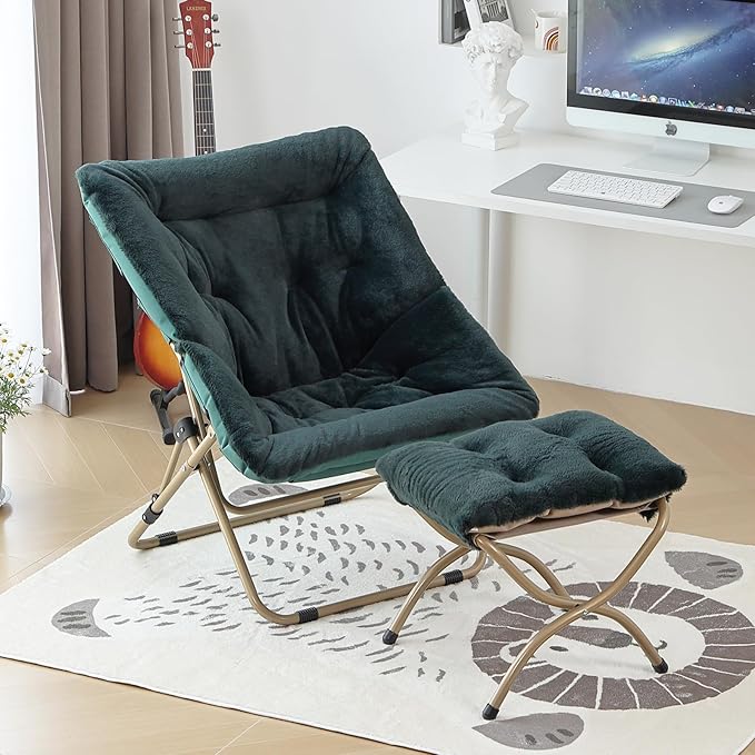 Comfy Saucer Chair with Ottoman, Oversized Folding Faux Fur Chair Soft Furry Lounge Lazy Chair with Metal Frame Moon Chair Accent Chair for Bedroom, Living Room, Dorm Rooms