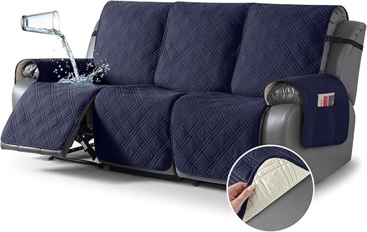 TAOCOCO 100% Waterproof Recliner Sofa Covers 3 Seater, Split Couch Covers for Reclining Couches for Kids Pets, Non Slip Reclining Couch Covers Furniture Protector with Straps(3 Seater, Navy Blue)