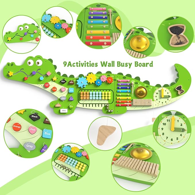 Big Crocodile Montessori Busy Board, Sensory Board, Activity Wall Busy Board Panels, Wall Furniture,Interactive Wooden Learning Toys for Boys and Girls, Perfect for Toddler Playroom