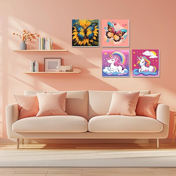 2 Pack Paint by Numbers Kit for Kids Butterfly Paint by Number Kits Age 4-8 Painting Canvas for Kids Ages 8-12 Girls Framed Canvas Paint by Numbers Drawing Kit Color by Numbers Kit for Kids 8x8 Inch