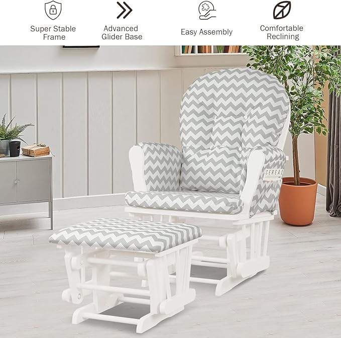 Costzon Nursery Glider with Ottoman, Upholstered Comfort Glider Rocker with Padded Cushion, Storage Pocket, Solid Wood Base, Rocking Chair Nursery for Breastfeeding, Maternity, Napping (Gray & White)