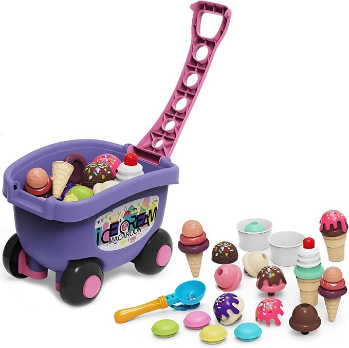 32 PCS Ice Cream Cart Toys for Toddlers, Kids Pretend Play Food Scoop & Serve Macaroon Dessert Set, Kitchen Accessories Icecream Shop Wagon