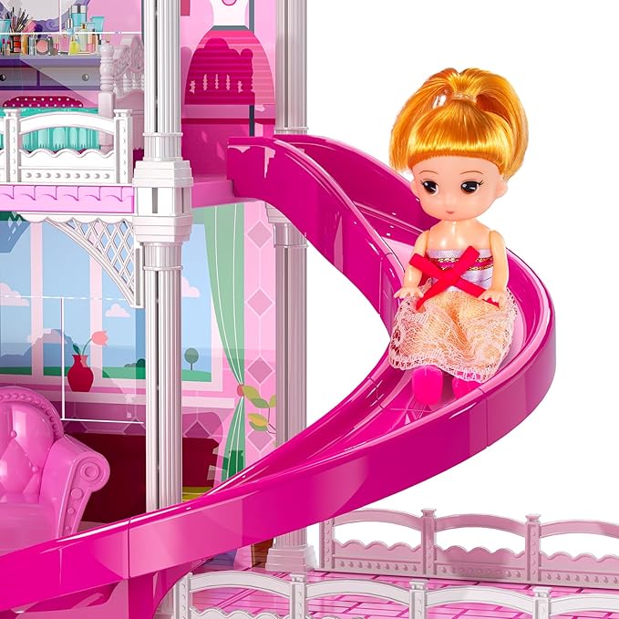 TEMI Villa Toys for 3-8 Years Old Girls - 3 Storeys 6 Rooms Indoor Playset with 2 Dolls, Furniture and Accessories, Pretend Girls Plays, Building Toys, Gifts for Kids 3-5