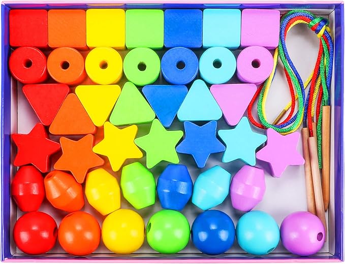 Atoylink 42PCS Lacing Beads Montessori Toys for Toddlers Wooden Primary String Threading Beads Rainbow Lacing Toy Preschool Fine Motor Skills Educational Toy for 3 4 5 6 7 8 Years Old Kids Boys Girls