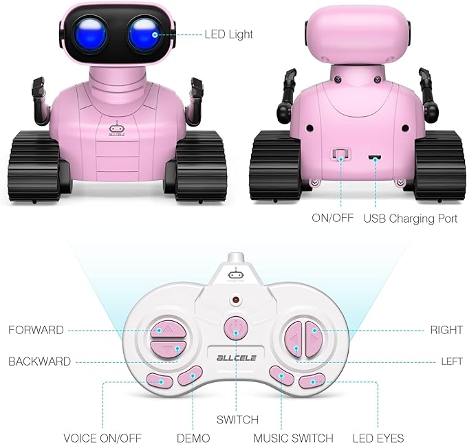 ALLCELE Girls Robot Toy, Rechargeable RC Robot for Kids, Remote Control Toy with Music and LED Eyes, Gift for Children Age 3 Years and Up - Pink
