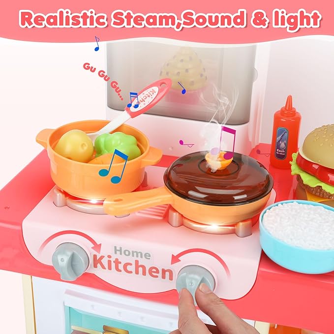 Kids Kitchen Playset, Toy Kitchen Set with Light, Music, Sink and Play Food Kitchen Accessories, Pretend Play Kitchen for Toddler 3-5
