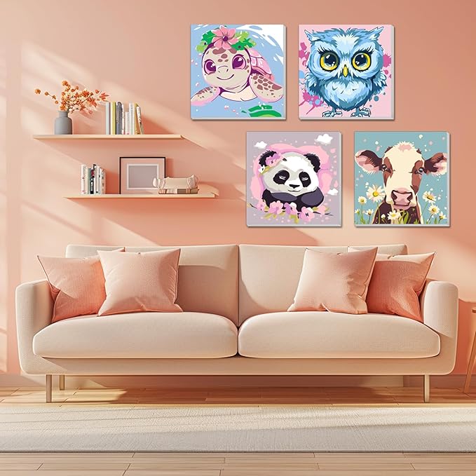 4pc Animal Paint by Numbers Kit for Kids Beginner Paint by Number Kits Age 4-8 Painting Kits for Kids Ages 8-12 Girls Framed Canvas Paint by Number Animals Drawing Kit Color by Number Kids 8x8 Inch