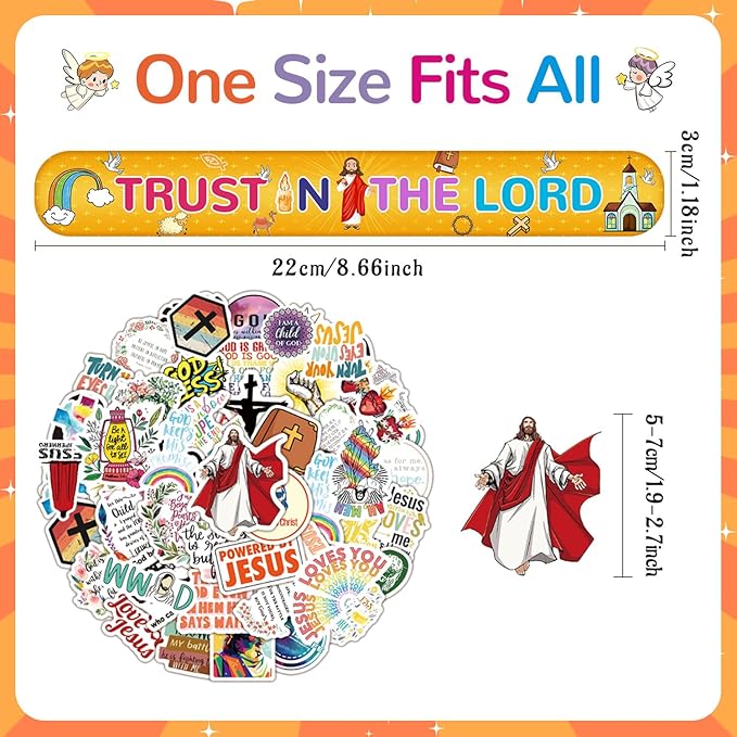 86PCS Religious Slap Bracelets with 50PCS Jesus Christian Stickers Jesus Love You Snap Bracelets Wristbands Bible Verse Faith Stickers Sunday School Supplies Christian Gifts