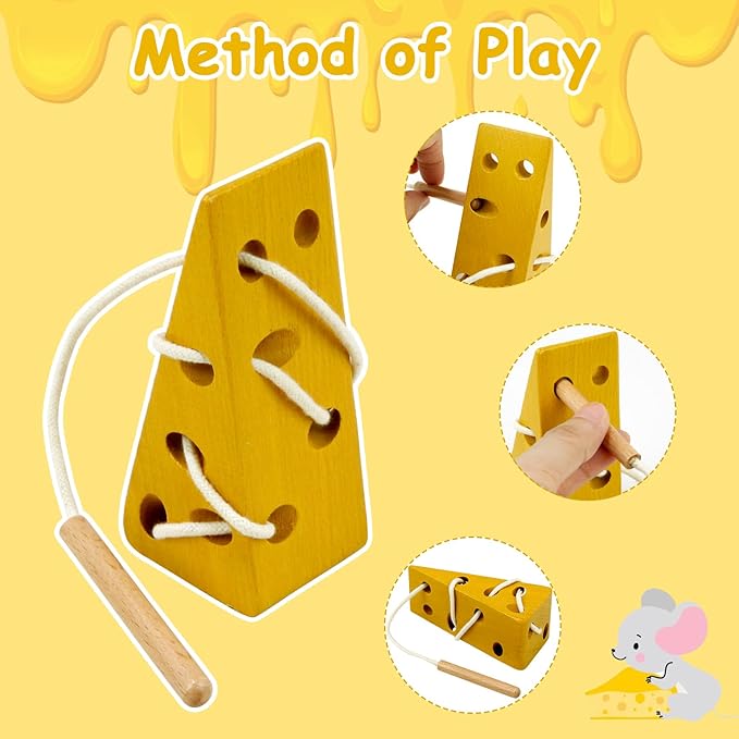 Sealive Early Development Toys Wooden Lacing Toys, Montessori Activity Kids Cheese Toys, Children Learning Educational Wood Block Puzzles Toy for Toddlers Boys Girls (Cheese)