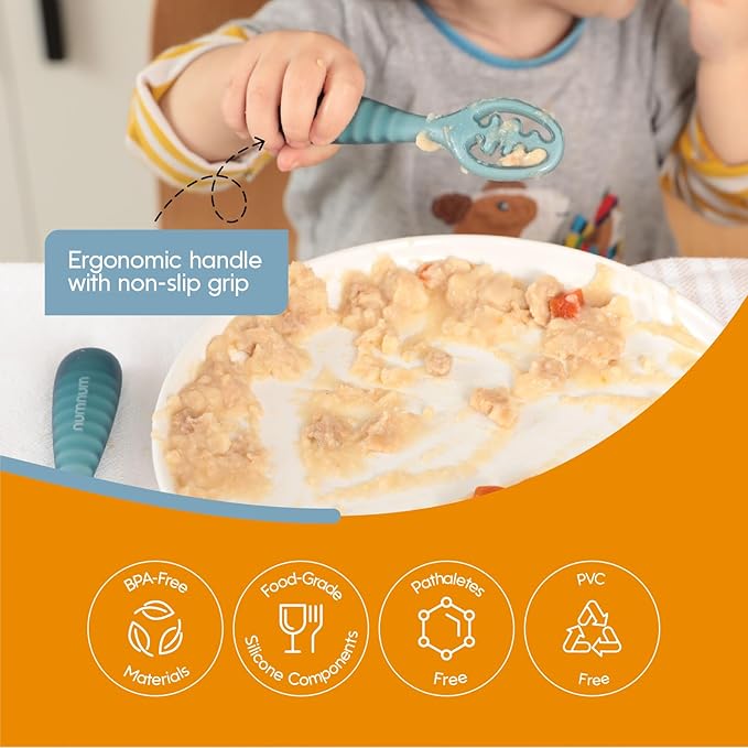 NumNum Baby Spoons Set, Pre-Spoon GOOtensils for Kids Aged 12+ Months - First Stage, Baby Led Weaning (BLW) Spoon - Self Feeding, Silicone Toddler Food Utensils - 1-Pack, 4 Spoons, Blue/Green