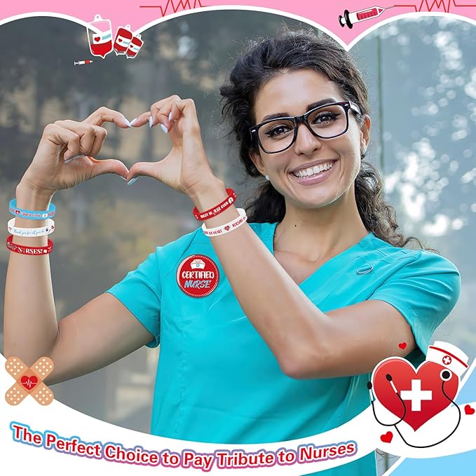64PCS Nurse Party Favors 32pcs Nursing Themed Button Badges Pins and 32pcs Nurse Silicone Bracelets for Nurses Week Medical RN Theme Nurse Graduation Activities Party Decorations