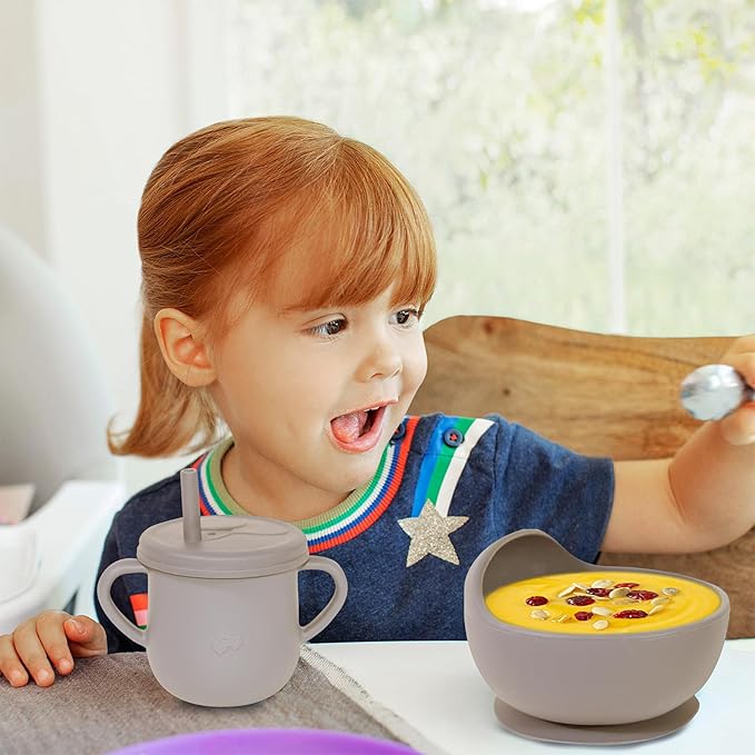 100% Silicone baby feeding set,BPA free Baby dishes set with Suction Bowl Divided Plate,Toddler Self Feeding Dish Set with Spoons Forks Sippy Cup And Bib, Baby Eating Utensils (Beige)