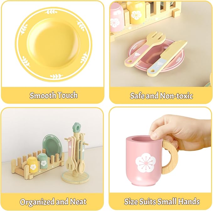 20 PCS Kitchen Playset with Wooden Toy Plates and Dishes, Montessori Kitchen Toys for Girls and Boys, Wooden Play Kitchen Accessories for Kids Toddlers Aged 3 and up