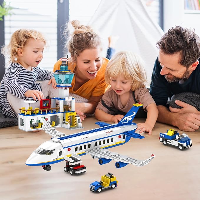 886 Pcs City Airport Passenger Terminal Building Set, 6 IN 1 Airplane Building Blocks Toy, STEM Aircraft Bricks with Shuttle Bus,Luggage Cart,Planes Model Toys Gifts for Adults Boys Ages 6-12+