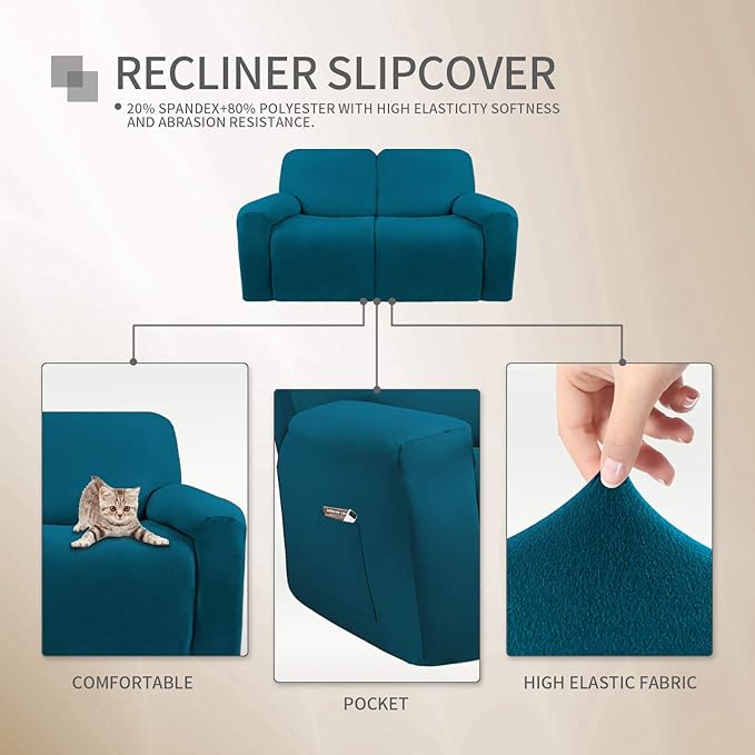 Easy-Going 6 Pieces Microfiber Stretch Sectional Recliner Sofa Slipcover Soft Fitted Fleece 2 Seats Couch Cover Washable Furniture Protector with Elasticity for Kids(Recliner Loveseat, Peacock Blue)