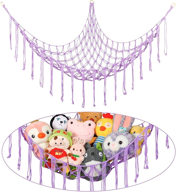 Boho Stuffed Animals Net or Hammock Large,55 inch Toy Hammock Macrame Stuff Animal Storage Corner Hanging Net Holder,Mesh Hammock Plush Toy Organizer with Hooks for Bedroom,Nursery (Purple)