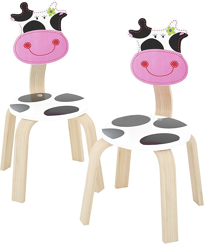 iPlay, iLearn 2 PCS Wooden Kids Chair Sets, Natural Hardwood 2 Cow Animal Children Chairs, Furniture Set for Toddlers Kids Boys Girls, Stackable for Playroom, Nursery, Preschool, Kindergarten