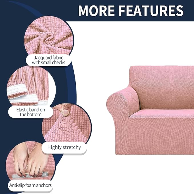 2025 New Stretch Sofa Slipcovers Couch Cover for 3 Cushion Furniture Protector Sofa Covers with Elastic Bottom Jacquard Fabric Small Checks for Pets, Kids -Sofa, Dusty Pink